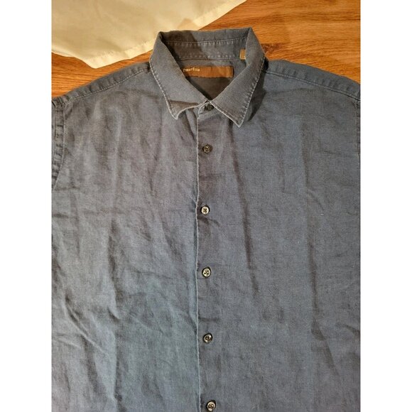 Perry Ellis Men’s Large 100% Linen Button Up Shirt Short Sleeve Navy Blue - Picture 3 of 6